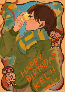 1boy 2025 :d ^_^ animal ball basketball_(object) blue_background blue_scarf border brown_hair character_name chibi chibi_inset chromatic_aberration closed_eyes closed_mouth commentary_request cowboy_shot dated dog film_grain fingernails from_side green_jacket hair_behind_ear hair_between_eyes hand_in_pocket hand_up happy_birthday hector_(omori) highres holding holding_animal holding_dog holding_leaf jacket kel_(faraway)_(omori) kel_(omori) leaf long_sleeves male_focus msdnno_kabe official_alternate_costume omori open_mouth orange_border outside_border profile puffy_long_sleeves puffy_sleeves scarf short_hair simple_background smile solo standing striped_clothes striped_scarf two-tone_scarf v-shaped_eyebrows yellow_scarf