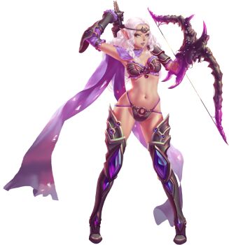 1girl armor arrow_(projectile) artist_request artistic_error bare_hips bikini_armor blue_eyes bow_(weapon) breasts cleavage crystal_maiden_(series) elf full_body game_cg gloves groin highres holding holding_arrow holding_bow_(weapon) holding_weapon ivory_(crystal_maidens) leg_armor navel official_art pointy_ears purple_lips quiver revealing_clothes shoulder_armor solo transparent_background variant_set weapon white_hair