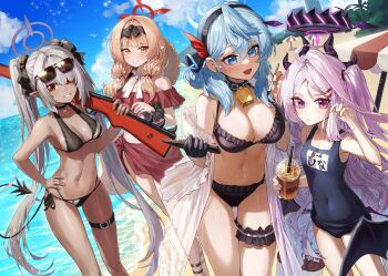 4girls :d absurdres ahoge ako_(blue_archive) alternate_costume beach beach_umbrella bell bikini black_bikini black_bow black_choker black_gloves black_scrunchie black_wings blue_archive blue_eyes blue_hair blue_halo blue_sky blush bolt_action bow breasts chinatsu_(blue_archive) choker cleavage cloud collar covered_navel cowbell dark-skinned_female dark_skin day demon_horns demon_tail demon_wings drink drinking_straw earrings eyewear_on_head flat_chest frilled_bikini frills gloves gluteal_fold grey_hair grey_halo gun hair_bow hair_ornament hair_over_one_eye hair_over_shoulder hairclip half_gloves halo hand_on_own_hip hand_up highres hina_(blue_archive) hina_(swimsuit)_(blue_archive) holding holding_drink holding_gun holding_pen holding_weapon horns innertube iori_(blue_archive) iori_(swimsuit)_(blue_archive) jewelry kokukyukeo large_breasts long_hair looking_at_another looking_at_viewer low_wings mauser_98 medium_breasts medium_hair multiple_girls multiple_horns name_tag navel no_eyewear ocean off-shoulder_bikini off_shoulder official_alternate_costume old_school_swimsuit one-piece_swimsuit one_side_up open_mouth outdoors pen pointy_ears prefect_team_(blue_archive) purple_eyes purple_hair red_bikini red_eyes red_halo red_sarong rifle sand sarong school_swimsuit scrunchie see-through_clothes sky smile standing sweat swim_ring swimsuit swimsuit_cover-up tail thigh_gap thigh_strap twintails umbrella very_long_hair weapon wings wrist_scrunchie yellow_eyes