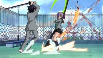10s 1boy 1girl animated animated_gif black_hair fighting hiiragi_shinoa hyakuya_yuuichirou lowres owari_no_seraph purple_hair school_uniform scythe sword weapon