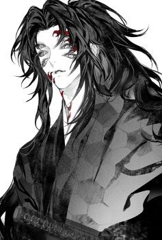 Rule 34 | 1boy, 8knff, commentary request, extra eyes, greyscale, high ponytail, japanese clothes, katana, kimetsu no yaiba, kimono, kokushibou, long hair, looking at viewer, male focus, monochrome, partially colored, ponytail, print kimono, scar, scar on face, scar on forehead, scar on neck, simple background, solo, spiked hair, sword, upper body, very long hair, weapon, white background
