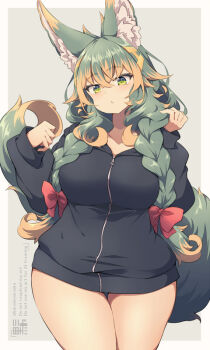 1girl alternate_hairstyle animal_ear_fluff animal_ears black_jacket border bow braid breasts commentary_request green_eyes green_hair grey_background hair_bow jacket kuromiya kuromiya_raika_(kuromiya) large_breasts long_hair long_sleeves looking_at_viewer multicolored_hair orange_hair original red_bow solo tail thigh_gap thighs twin_braids two-tone_hair white_border