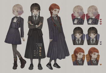 Rule 34 | 3girls, artist name, black hair, blazer, blonde hair, blue hair, blunt bangs, boots, braid, brown eyes, brown hair, checkered background, collared shirt, commentary, english text, expressionless, full body, gradient hair, green eyes, grey eyes, hair ornament, hairclip, heart, highres, inset, jacket, loafers, long hair, long skirt, long sleeves, looking at viewer, multicolored hair, multiple girls, necktie, nekosuke (oxo), original, pale skin, pantyhose, pink hair, pleated skirt, red hair, ribbon, school uniform, shirt, shoes, short hair, simple background, skirt, sneakers, socks, standing, striped clothes, striped skirt, symbol-only commentary, twin braids, upper body, wavy hair, white background