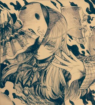 Rule 34 | 1girl, collared shirt, commentary, fire, greyscale, hand fan, hata no kokoro, highres, holding, holding fan, long hair, looking at viewer, mask, monochrome, noh mask, one eye covered, parted lips, sendai (nazonomono), shirt, solo, touhou, traditional media, upper body