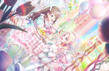 2girls :< :d animal_slippers aqua_dress balloon bandaid bandaid_hair_ornament blonde_hair blue_eyes blue_hair blurry blurry_foreground brown_hair chair cherry choker collarbone dress dutch_angle eye_contact fang feeding food fork frilled_sailor_collar frilled_socks frills fruit fujishima_megumi game_cg gradient_hair hair_ornament hair_ribbon hakuchu_a_la_mode heart heart_o-ring heart_ring_choker highres holding holding_fork holding_spoon indoors kneehighs light_blue_hair link!_like!_love_live! long_hair long_sleeves looking_at_another love_live! marshmallow medium_dress mira-cra_park! multicolored_hair multiple_girls o-ring o-ring_choker official_art on_chair open_mouth osawa_rurino pink_choker pink_dress pudding puffy_long_sleeves puffy_short_sleeves puffy_sleeves purple_eyes ribbon sailor_collar short_sleeves sitting slippers smile socks spoon stuffed_animal stuffed_rabbit stuffed_toy table third-party_source twintails two_side_up virtual_youtuber white_ribbon white_sailor_collar white_socks x_x