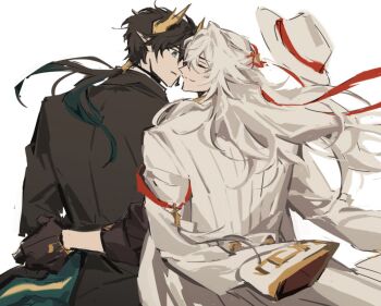 Rule 34 | 2boys, black coat, black gloves, black hair, boater hat, coat, cowboy shot, dan heng (honkai: star rail), dan heng (permansor terrae) (honkai: star rail), dragon boy, dragon horns, dragon tail, gloves, hair ribbon, hat, honkai: star rail, honkai (series), horns, imminent kiss, jingliu (honkai: star rail), looking at another, lupwhale, male focus, multiple boys, ponytail, red ribbon, ribbon, simple background, tail, white background, white coat, yaoi, yellow horns