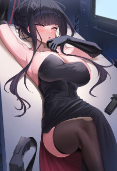 1girl absurdres black_dress black_gloves black_thighhighs blue_archive breasts cleavage commentary_request dress elbow_gloves gloves halo highres large_breasts long_hair looking_at_viewer lying official_alternate_costume on_back open_mouth red_eyes red_halo rio_(blue_archive) rio_(dress)_(blue_archive) shougun_(chuckni1) solo thighhighs thighs