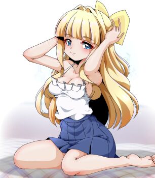 1girl blonde_hair blue_eyes blue_skirt bow breasts cleavage commentary_request drill_hair highres legs light_smile long_hair looking_at_viewer magia_sulfur mahou_shoujo_ni_akogarete sitting skirt small_breasts tank_top tenkawa_kaoruko twin_drills white_tank_top yama_(shinanoya) yellow_bow