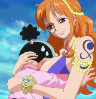 1boy 1girl age_difference anime_screenshot bracelet breast_smother breasts brown_eyes cleavage dress face_to_breasts highres hug japanese_clothes jewelry kimono kouzuki_momonosuke large_breasts log_pose long_hair nami_(one_piece) nami_(one_piece)_(zou) naughty_face one_piece onee-shota orange_hair pink_kimono purple_dress shota shoulder_tattoo smile stitched sweatdrop tattoo third-party_edit