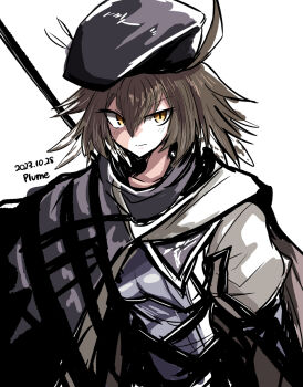 Rule 34 | 1girl, ahoge, arknights, beret, bird girl, black gloves, black hat, brown hair, character name, cloak, closed mouth, commentary, commentary request, dated, feather hair, gloves, gnome (gnome 0000), hair between eyes, halberd, hat, highres, looking at viewer, plume (arknights), polearm, short hair, simple background, solo, upper body, weapon, white background, yellow eyes