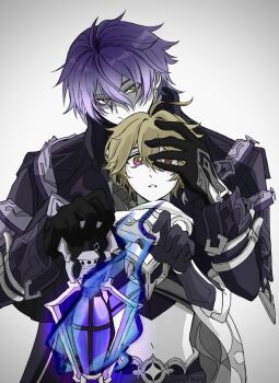 2boys aether_(genshin_impact) ahoge arm_armor armor belt black_belt black_gloves black_pants black_shirt blonde_hair blue_fire braid brown_eyes commentary_request covered_mouth earrings empty_eyes eyeshadow fire flins_(genshin_impact) genshin_impact gloves gradient_hair hair_between_eyes hand_on_another&#039;s_face hand_up hands_up highres holding holding_lantern jacket jewelry lantern long_hair looking_at_viewer low-braided_long_hair low-tied_long_hair makeup male_focus midriff multicolored_hair multiple_boys navel nogu_gesoshiso open_clothes open_jacket pants purple_eyeshadow purple_hair purple_jacket scarf shirt short_sleeves shoulder_armor simple_background single_braid single_earring standing star_(symbol) teeth white_background white_hair white_scarf yellow_eyes
