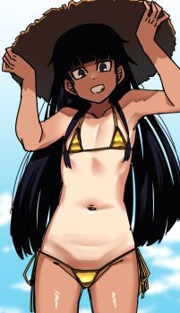 1girl bikini black_hair blunt_bangs cloud cloudy_sky cropped_legs flat_chest from_below gold_bikini grey_eyes grin groin hands_on_headwear hat hime_cut kaauchi long_hair long_sidelocks looking_at_viewer looking_down messy_hair navel original side-tie_bikini_bottom sidelocks sky smile solo straw_hat sun_hat swimsuit tan tanline teeth triangle_bikini_top very_long_sidelocks