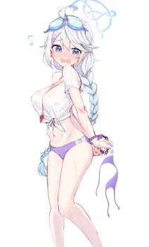 1girl absurdres bikini blue_archive blue_eyes blue_hair blue_halo blush braid breasts commentary cuffed feet_out_of_frame flipped_bangs flying_sweatdrops goggles goggles_on_head gradient_hair grey_hair halo highres holding holding_swimsuit holding_unworn_clothes kirino_(blue_archive) large_breasts long_hair multicolored_hair navel nose_blush open_mouth peanut_mouth purple_bikini raised_inner_eyebrows shirt short_sleeves single_braid solo stomach string_bikini swim_goggles swimsuit symbol-only_commentary take-run-atelier unworn_bikini_top unworn_swimsuit very_long_hair wet wet_clothes wet_shirt whistle whistle_around_neck