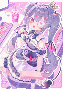 1girl :d black_dress black_nails black_sleeves border breasts brown_eyes chair commentary_request computer_keyboard copyright_request crown cup demon_girl demon_horns demon_tail demon_wings desk disposable_cup dress drinking_straw eyepatch frilled_dress frilled_eyepatch frilled_sleeves frills grey_border grey_hair hair_between_eyes hand_up heart heart_eyepatch horns ikari_(aor3507) long_hair medium_breasts mini_crown monitor nail_polish office_chair official_art on_chair open_mouth pink_background pink_wings puffy_short_sleeves puffy_sleeves short_sleeves sitting smile solo swivel_chair tail twintails very_long_hair virtual_youtuber wings