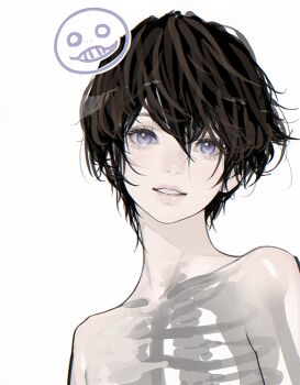 1boy aegyo_sal androgynous black_hair bone collarbone commentary completely_nude d.k emil_(human)_(nier) emil_(nier) english_commentary hair_between_eyes lips looking_at_viewer male_focus nier nier_(series) nude purple_eyes ribs see-through_body short_hair simple_background smile solo upper_body white_background