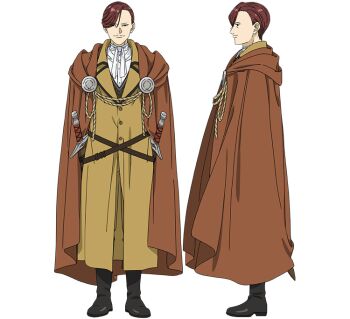 1boy black_shoes boots brown_cloak brown_eyes brown_hair cloak collared_shirt facial_hair full_body hair_over_one_eye hero_of_the_south_(sousou_no_frieren) jacket male_focus multiple_views mustache official_art scabbard sheath shirt shoes sousou_no_frieren standing sword transparent_background twin_blades vest weapon