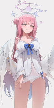 1girl absurdres angel_wings babydoll berserker_r blue_archive blue_bow blush bow bow_panties breasts cleavage collarbone commentary_request covered_navel cross feathered_wings fingernails gluteal_fold hair_bun halo heart highres large_breasts long_hair looking_at_viewer low_wings mika_(blue_archive) nail_polish panties pink_hair pink_halo pink_nails shirt single_bare_shoulder single_side_bun smile solo sweat thighs underwear white_babydoll white_background white_bow white_panties white_shirt white_wings wings yellow_eyes