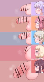 5futa absurdres bar_censor blonde_hair blue_eyes blush bow brown_hair censored chart comparison eyebrows_hidden_by_hair flaccid foreskin futanari hair_bobbles hair_bow hair_ornament hair_over_shoulder hairband highres hoshikawa_hotaru huge_penis large_penis long_hair low_twintails mochizuki_momiji multiple_futa new_game! penis penis_chart penis_comparison penis_size_comparison penis_size_difference phimosis pink_hair pointless_censoring ponytail purple_eyes sakura_nene short_hair small_penis suzukaze_aoba takimoto_hifumi testicles twintails zkky2nd