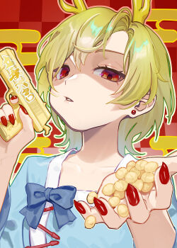1girl absurdres animal_realm_yakuza_(touhou) antlers blonde_hair blue_shirt commentary_request dragon_girl dragon_horns dragon_tail earrings fingernails highres horns jewelry kicchou_yachie long_fingernails looking_at_viewer monster_girl nail_polish red_eyes red_nails sharp_fingernails shirt short_hair solo square_neckline stud_earrings tail teruteru_(teru_teru) touhou upper_body yellow_horns