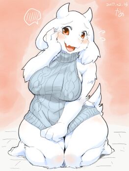 1girl furry goat highres horns kame_(3t) mature_female open_mouth red_eyes sweater toriel undertale utdr_(toby_fox) white_fur