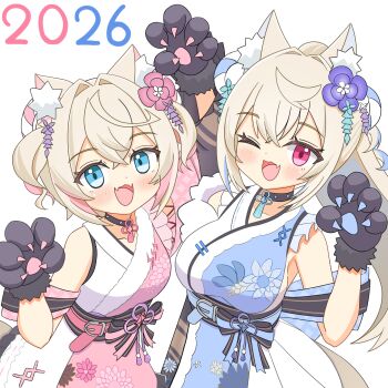 2026 2girls animal_ear_fluff animal_ears animal_hands aqua_belt aqua_eyes aqua_hair belt black_choker blonde_hair blue_kimono blush breasts choker commentary_request detached_sleeves dog_ears dog_girl floral_print flower fuwawa_abyssgard fuwawa_abyssgard_(new_year) gloves hair_between_eyes hair_flower hair_ornament highres hololive hololive_english homapatti japanese_clothes kimono long_hair long_sleeves looking_at_viewer medium_breasts mococo_abyssgard mococo_abyssgard_(new_year) multicolored_hair multiple_girls official_alternate_costume official_alternate_hairstyle open_mouth paw_gloves pink_belt pink_eyes pink_hair pink_kimono siblings simple_background sisters sleeveless sleeveless_kimono smile twins virtual_youtuber white_background white_kimono
