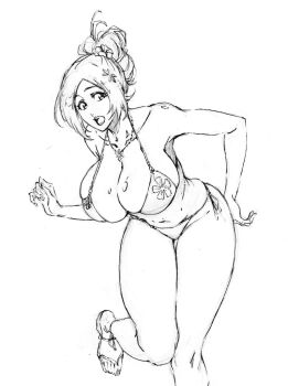 1girl bikini bleach breasts cleavage collarbone flower hair_flower hair_ornament hair_up hairclip inoue_orihime jewelry kubo_tite_(style) large_breasts navel necklace open_mouth rakusakugk sandals solo swimsuit