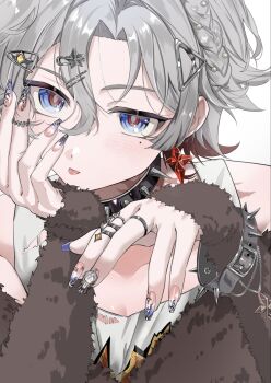 1boy alternate_costume black_collar bracelet collar commentary_request fingernails genshin_impact grey_hair hair_behind_ear hair_ornament hairclip highres illuga_(genshin_impact) jewelry long_sleeves looking_at_viewer male_focus multicolored_eyes nail_polish parted_hair print_shirt ring sahi00000 shirt sleeves_past_wrists solo spiked_bracelet spiked_collar spikes tank_top tongue tongue_out