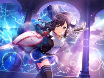 Rule 34 | 1girl, armor, black hair, black jacket, black thighhighs, blue eyes, blue skirt, closed mouth, earrings, fingerless gloves, frown, game cg, gloves, grey gloves, jacket, jewelry, long hair, looking at viewer, official art, outstretched arms, pillar, shield, shoujo kageki revue starlight, shoujo kageki revue starlight -re live-, shoulder armor, skirt, solo, swept bangs, thighhighs, upper body, v-shaped eyebrows, yanagi koharu