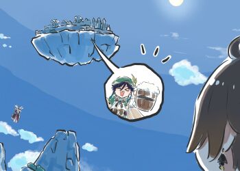 1girl 2boys beret black_hair blue_hair braid brown_hair cape cloud columbina_(genshin_impact) cup drunk flower genshin_impact gradient_hair green_cape green_hat hat highres holding holding_cup mondstadt_city multicolored_hair multiple_boys venti_(genshin_impact) xinzoruo zhongli_(genshin_impact)