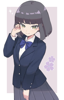 Rule 34 | 1girl, black hair, blazer, blue jacket, bob cut, border, bow, closed mouth, collared shirt, colored eyelashes, commentary request, dress shirt, floral background, green eyes, grey background, grey skirt, hand up, highres, inazuma eleven (series), inazuma eleven victory road, jacket, long sleeves, looking at viewer, pleated skirt, purple bow, school uniform, shirt, short hair, skirt, smile, solo, ura (hamburg oniku), white border, white shirt
