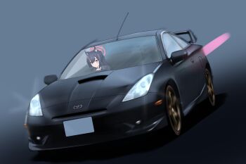 1girl absurdres animal_ear_fluff animal_ears black_hair blue_archive car cat_ears commentary_request driving grey_background halo highres long_hair motor_vehicle name_connection red_eyes red_halo serika_(blue_archive) simple_background threepitz toyota toyota_celica toyota_celica_t230 vehicle_focus