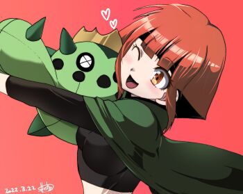 1girl black_hair black_shirt blush breasts brown_eyes brown_hair cacnea capelet commentary_request crop_top dated eyelashes gardenia_(pokemon) gen_3_pokemon green_capelet heart highres holding holding_pokemon hoshino_(pixiv12796893) hug long_sleeves midriff multicolored_hair nintendo one_eye_closed open_mouth pokemon pokemon_(anime) pokemon_(creature) pokemon_dppt_(anime) red_background shirt short_hair signature simple_background smile two-tone_hair upper_body x_x