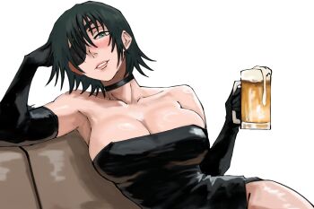 Rule 34 | alcohol, beer mug, black choker, black dress, black gloves, black hair, blush, breasts, chainsaw man, choker, cleavage, collarbone, commentary, couch, cup, dress, elbow gloves, elbow rest, eyepatch, foam, gloves, green eyes, head rest, highres, himeno (chainsaw man), holding, holding cup, huge breasts, looking at viewer, mug, on couch, one eye covered, parted lips, shisoa, short hair, simple background, sitting, strapless, strapless dress, teeth, upper body, white background