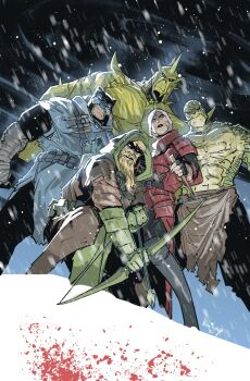 1girl 4boys blonde_hair blood boots character_request comic_cover dagger dc_comics domino_mask eye_mask gloves green_arrow_(series) green_hood helmet highres killer_croc kjlbs knife long_hair male_focus mask multiple_boys official_art oliver_queen red_arrow swamp_thing weapon western_comics_(style)