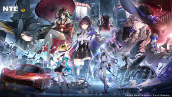 2boys 6+girls absurdres alphard_(nte) angel_wings animal_ear_fluff animal_ears aqua_hair baicang_(nte) bare_shoulders black_choker black_garter black_gloves black_hair black_jacket black_pants black_skirt black_thighhighs black_unitard blonde_streaks blue_eyes blue_streaks breasts brown_hair cat_ears cat_girl cat_tail chess_piece choker cleavage closed_mouth company_name copyright_logo copyright_name cross_in_eye crossed_legs daffodill_(nte) english_text female_esper_zero_(nte) fingerless_gloves formal_clothes gloves grey_hair hair_ornament hair_over_one_eye hat hathor_(nte) highres holding holding_umbrella jacket japanese_clothes jiuyuan_(nte) large_breasts logo long_hair male_esper_zero_(nte) merula_(nte) mint_(nte) motor_vehicle motorcycle multicolored_hair multiple_boys multiple_girls necktie neverness_to_everness official_art on_motorcycle one_eye_covered open_mouth pants phone_booth pink_eyes pink_streaks purple_eyes purple_necktie purple_streaks sandals shirt short_hair shorts single_wing skirt sleeve_belt streaked_hair suit tail thighhighs two-tone_hair umbrella white_hair white_pants white_shirt white_shorts white_thighhighs wings witch_hat yellow_eyes