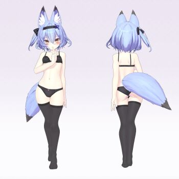 1girl 3d absurdres animal_ear_fluff animal_ears armadillon ass black_bra black_legwear black_panties blue_hair blush bow bow_bra bow_panties bra breasts contrapposto female_focus finger_to_mouth fox_ears fox_girl fox_tail full_body hair_between_eyes hairband highres looking_at_viewer navel neck_ribbon original panties profile ribbon short_hair skindentation small_breasts smile solo standing tail thigh_gap thighs underwear vrchat yellow_eyes yuuko-zoku_no_onee-chan