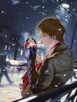 Rule 34 | 1boy, arms up, black gloves, blonde hair, brown coat, car, cigarette, coat, commentary, english commentary, gloves, haekchi, highres, holding, holding lighter, lamppost, lighter, lighting cigarette, male focus, mob psycho 100, motor vehicle, mouth hold, outdoors, people, railing, red scarf, reigen arataka, scarf, short hair, snow, snowing, solo, upper body, winter