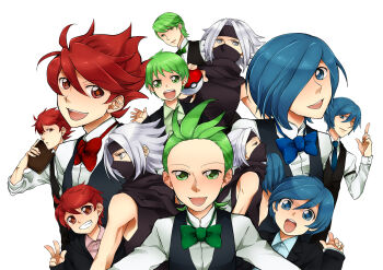Rule 34 | 3boys, aged down, aged up, aikawa poko, blue eyes, blue hair, bow, bowtie, brothers, chili (pokemon), cilan (pokemon), cress (pokemon), green eyes, green hair, highres, image sample, male focus, multiple boys, nintendo, pixiv sample, pokemon, red eyes, red hair, resized, shadow triad, siblings, white hair