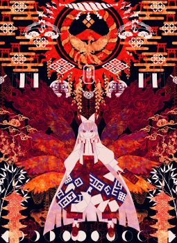 1girl absurdres bird boku_(isizakitakasi) bow bright_pupils crane_(animal) daruma_doll fire fujiwara_no_mokou grey_hair hair_bow highres long_hair moon_phases multiple_wings orange_theme pants phoenix plant print_pants puffy_pants red_eyes red_nails red_pants rope seigaiha shippou_(pattern) shirt shirt_tucked_in smoke solo torii touhou very_long_hair white_bow white_pupils white_shirt wide_shot wings