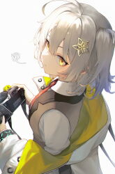 Rule 34 | 1girl, absurdres, ahoge, arknights, brown vest, camera, closed mouth, commentary, from above, from side, grey hair, hair ornament, highres, holding, holding camera, holding photo, infection monitor (arknights), jacket, jia redian ruzi ruzi, long sleeves, necktie, off shoulder, one side up, photo (object), red necktie, rhodes island logo (arknights), scene (arknights), short hair, simple background, solo, squiggle, star (symbol), star hair ornament, upper body, vest, white background, white jacket, yellow eyes
