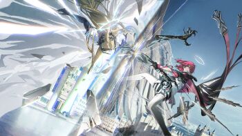 2girls arknights black_cape blonde_hair blue_sky cape keph_(arknights) keph_(teekaz)_(arknights) detached_wings dutch_angle energy_wings exusiai_(arknights) exusiai_the_new_covenant_(arknights) floating_clothes floating_hair game_cg grabbing_another's_arm halo highres multiple_girls official_art outdoors pulling red_hair shirt sky split_screen thighhighs third-party_source two-sided_cape two-sided_fabric white_shirt white_thighhighs wings