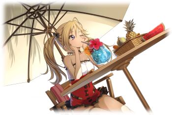 1girl alternate_hairstyle artist_request bare_shoulders basket beach_umbrella black_choker black_ribbon blonde_hair blue_eyes breasts chair cherry choker code_geass code_geass:_lost_stories collarbone cropped_legs cup drink drinking drinking_glass drinking_straw dutch_angle female_focus flower food frilled_one-piece_swimsuit frills fruit game_cg hair_between_eyes hair_ribbon hibiscus highres hot ice ice_cube lila_la_britannia long_hair looking_afar melon non-web_source official_art on_chair one-piece_swimsuit one_eye_closed orange_(fruit) orange_slice red_flower red_one-piece_swimsuit ribbon sidelocks sitting small_breasts solo strapless strapless_one-piece_swimsuit sweat swimsuit table thigh_strap towel transparent_background twintails umbrella watermelon watermelon_slice