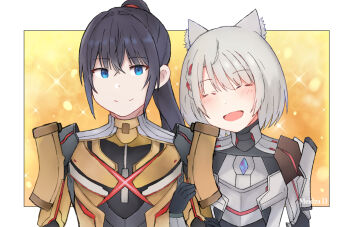 1boy 1girl animal_ears armor black_hair blue_eyes blush border cat_ears cat_girl closed_eyes commentary cosplay english_commentary high_ponytail highres m_(xenoblade) m_(xenoblade)_(cosplay) meidza_d mio_(xenoblade) n_(xenoblade) n_(xenoblade)_(cosplay) noah_(xenoblade) open_mouth outside_border ponytail smile sparkle white_border xenoblade_chronicles_(series) xenoblade_chronicles_3 yellow_background