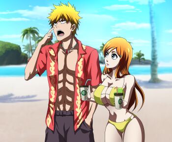 1boy 1girl abs absurdres alternate_eye_color bare_shoulders beach bikini bleach blue_sky breasts chain chain_necklace cloud collarbone drink hand_in_pocket highres holding holding_drink inoue_orihime jewelry kurosaki_ichigo large_breasts long_hair male_focus necklace ocean oldhorrorz open_mouth orange_hair palm_leaf palm_tree sand short_hair shorts sky swimsuit toned toned_male tree water