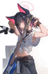 Rule 34 | 1girl, absurdres, animal ears, armpit peek, arms up, betabeet, black collar, black hair, black jacket, blue archive, cat ears, cat girl, clothes around waist, collar, colored inner hair, commentary, electric guitar, extra ears, guitar, hair ornament, hairclip, halo, highres, instrument, jacket, jacket around waist, kazusa (band) (blue archive), kazusa (blue archive), looking at viewer, midriff, multicolored hair, navel, official alternate costume, pink eyes, pink hair, pink halo, pleated skirt, print shirt, shirt, short hair, short sleeves, simple background, skirt, slit pupils, solo, tied shirt, upper body, wet, wet clothes, wet shirt, white background, white shirt