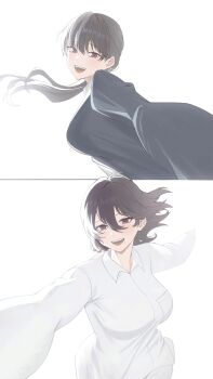 2girls absurdres alternate_breast_size_(larger) black_eyes black_hair blue_shirt breasts collared_shirt commentary double-parted_bangs english_commentary fujino_(look_back) hair_between_eyes highres kyomoto_(look_back) large_breasts long_hair long_sleeves look_back looking_at_viewer looking_back mole mole_under_mouth multiple_girls open_mouth oro_(lsg0624) outstretched_arms ponytail reaching reaching_towards_another running shirt short_hair simple_background smile taut_clothes taut_shirt white_background white_shirt