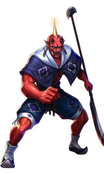 1boy artist_request bald blue_eyes clenched_hand colored_skin demon_(megami_tensei) earrings highres holding holding_weapon horns jewelry muscular muscular_male official_art oni oni_(megami_tensei) open_mouth persona persona_5 persona_5:_the_phantom_x pointy_shoes red_oni red_skin sharp_teeth shin_megami_tensei shoes solo teeth third-party_source transparent_background weapon