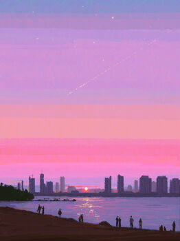 absurdres beach building chinese_commentary city commentary_request evening fangpeii highres original outdoors people scenery shooting_star shore skyline skyscraper star_(sky) sun sunset
