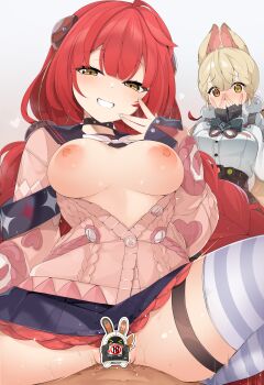 1boy 2girls absurdres alice_thymefield animal_ears blonde_hair blue_skirt blush breasts breasts_out censored character_censor commentary_request eous_(zenless_zone_zero) girl_on_top hair_ornament hetero heterochromia highres large_breasts long_hair multiple_girls nipples novelty_censor pink_sweater rabbit_ears rabbit_girl red_eyes red_hair sasakura sex shirt simple_background skirt smug sphere_hair_ornament striped_clothes striped_thighhighs sweater thigh_strap thighhighs ukinami_yuzuha very_long_hair white_background white_shirt yellow_eyes zenless_zone_zero