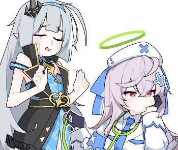 2girls ahoge ahoge_wag animated animated_gif bare_arms beatrixa_(stella_sora) black_dress black_gloves blue_bow blue_dress blue_hairband blue_necktie bow commentary_request crying dress dthmns expressive_hair female_tyrant_(stella_sora) flat_chest frilled_dress frills gloves grey_hair hair_bow hairband halo hat holding holding_stethoscope jacket korean_commentary layered_dress long_sleeves multiple_girls necktie no_panties nurse nurse_cap pointy_ears red_eyes shirt simple_background sitting snot standing stella_sora stethoscope stethoscope_around_neck strap_slip streaming_tears tears tyrant_(stella_sora) white_background white_jacket white_shirt